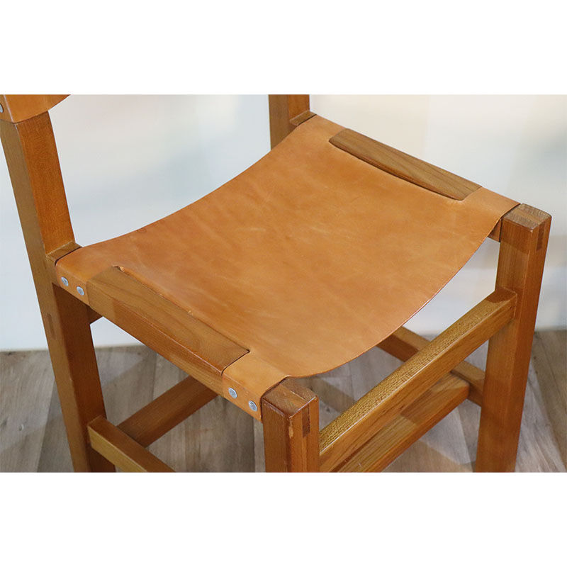 Série de 4 chaises vintage maison regain en orme et cuir 1970