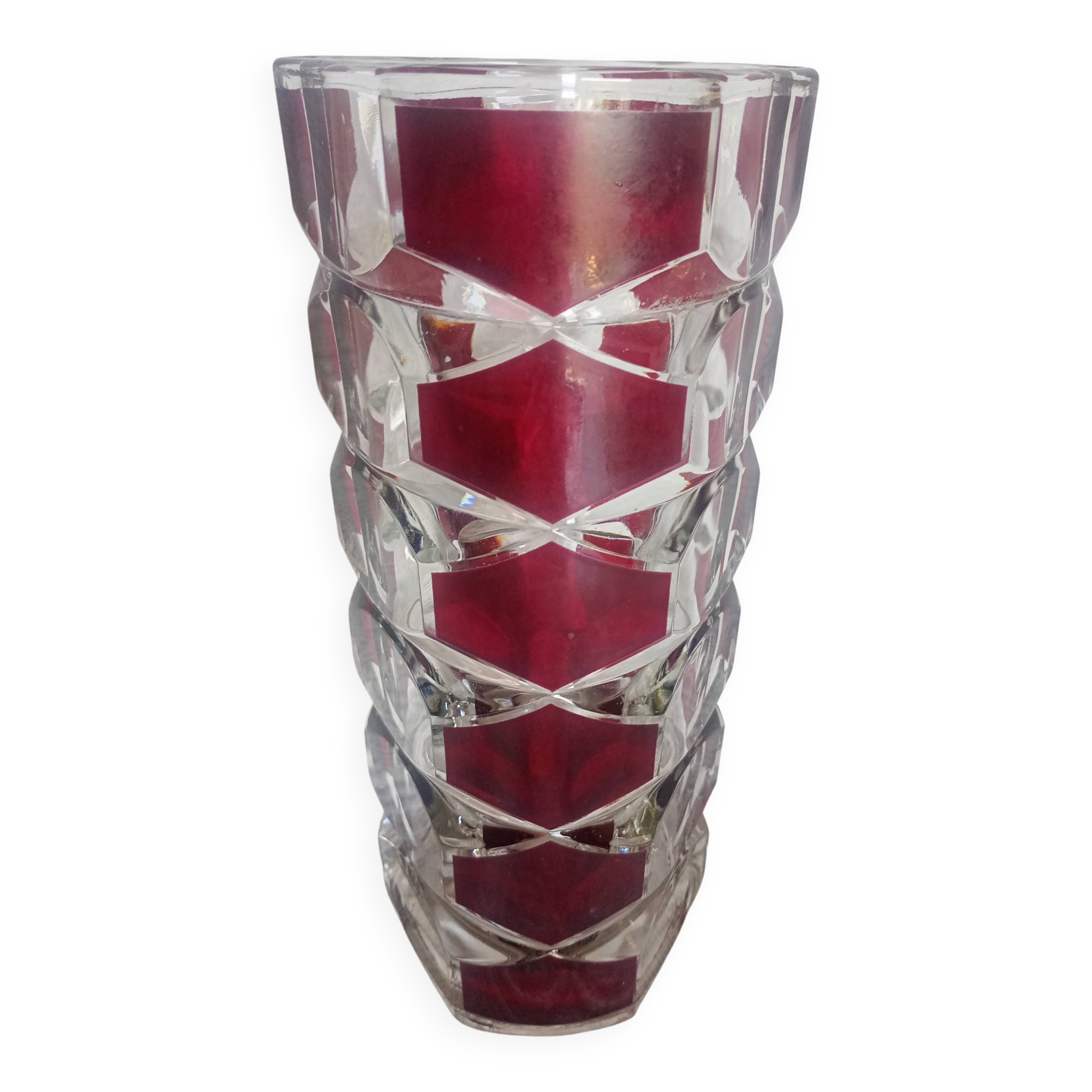 Vase - 3-sided faceted overlay ruby red - 24cm moulded crystal glass
