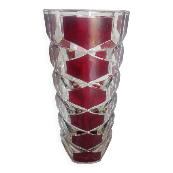 Vase - 3 côtés à facettes overlay rouge rubis - Verre cristal moulé 24cm
