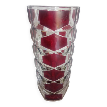 Vase - 3-sided faceted overlay ruby red - 24cm moulded crystal glass