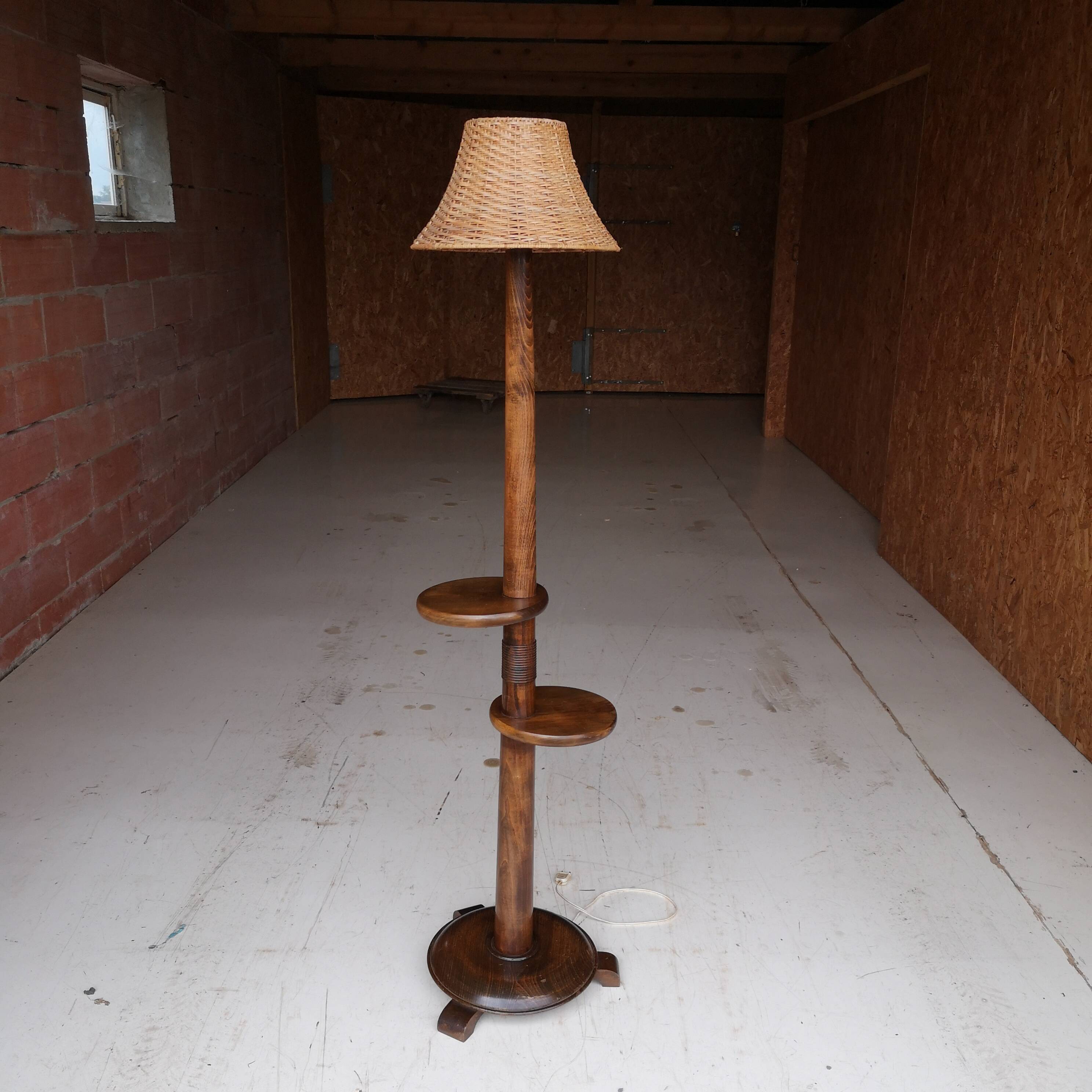 Dudouyt oak floor lamp with swivel shelves, 1940-1950 design