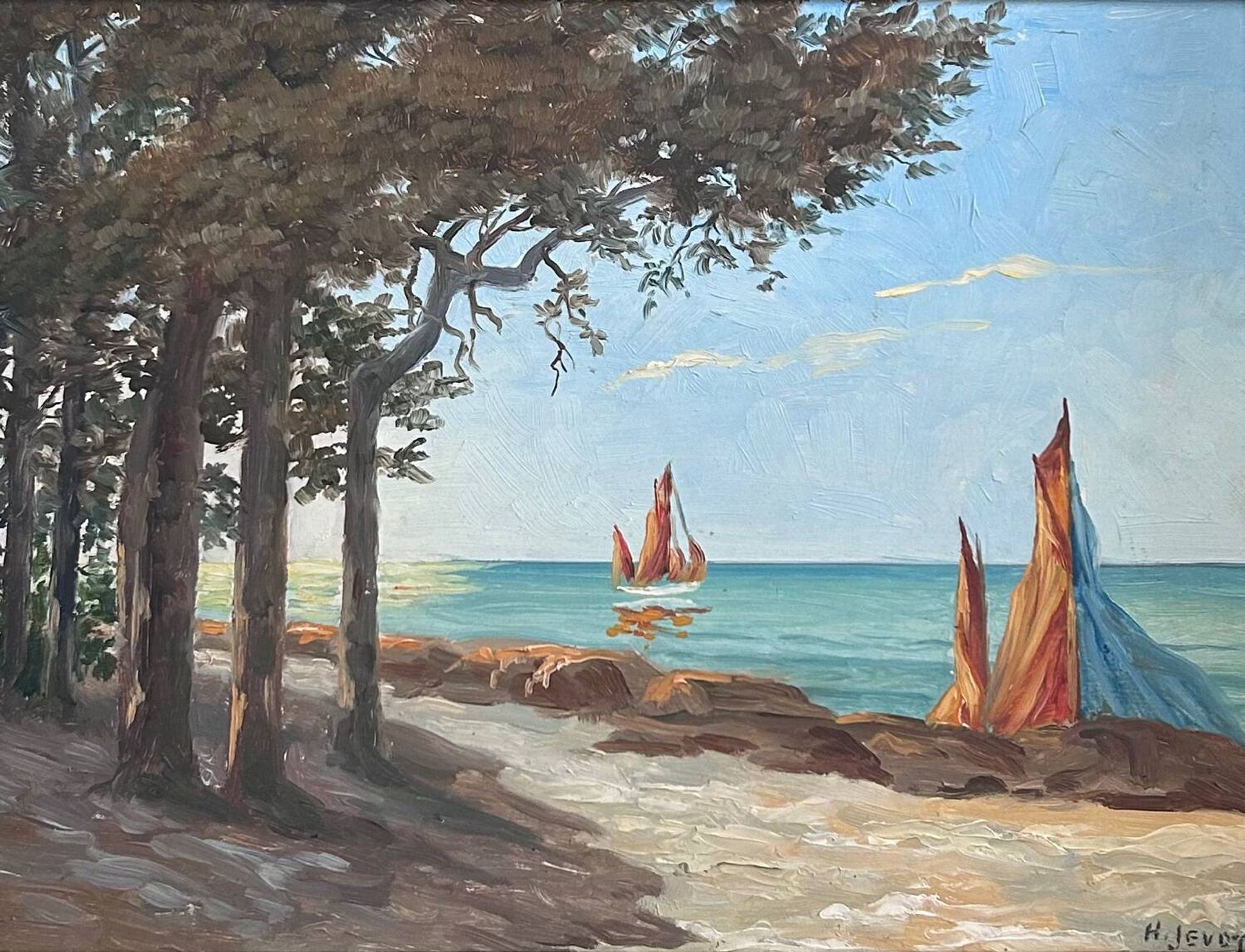 Painting of sailboats on the coast