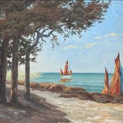 Painting of sailboats on the coast