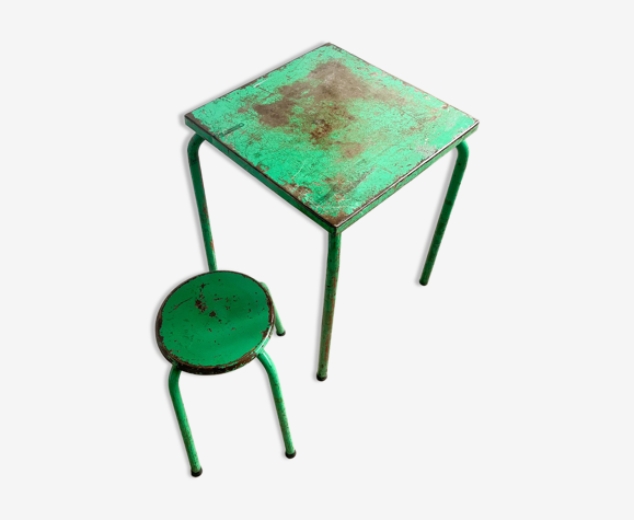Table patine verte et son tabouret