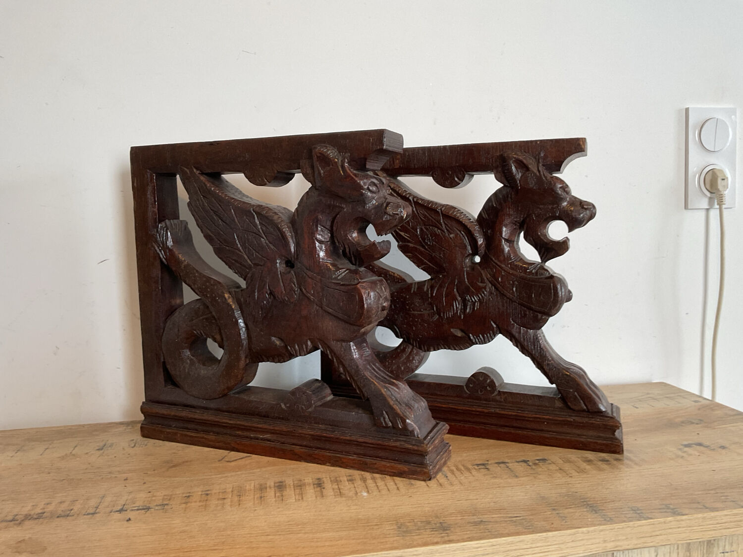 Pair of wooden sculptures, Winged Griffins — 19th century
