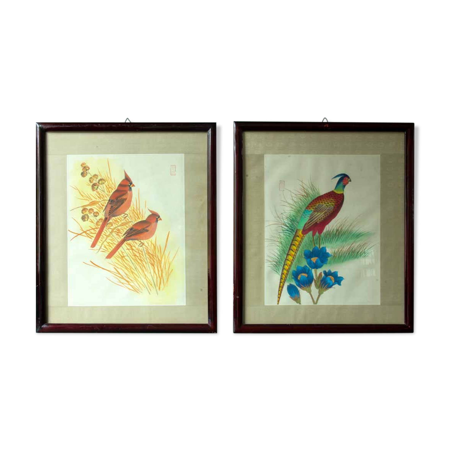 Antique asian painting on rice paper in high quality wood frames, c 1910s