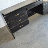 Hungarian Art Deco desk in black painted wood with a brown top and metal handles.