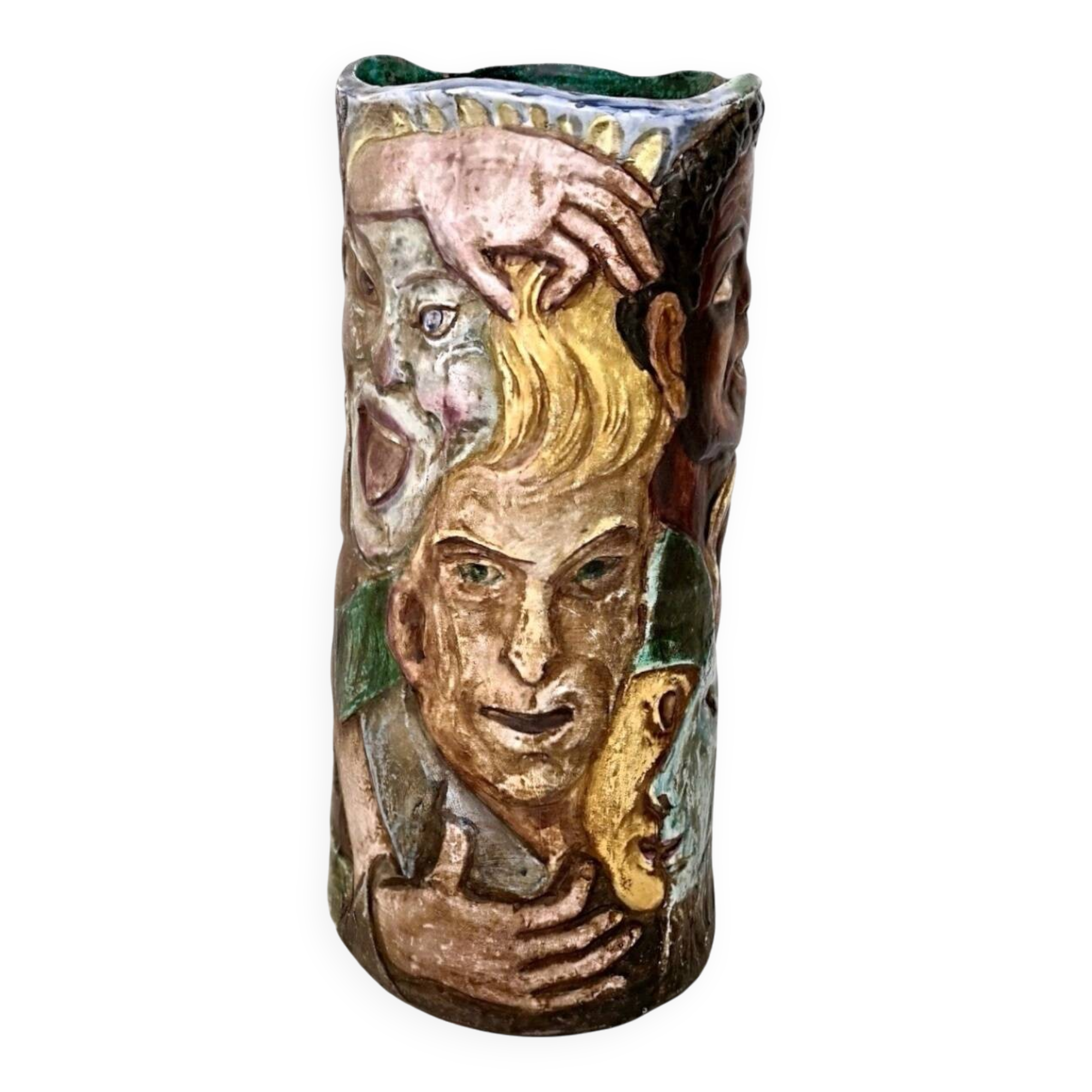 Unique Vintage Hand-Painted Vase with Faces Ascribable to Tullio d'Albisola