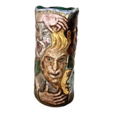 Unique Vintage Hand-Painted Vase with Faces Ascribable to Tullio d'Albisola