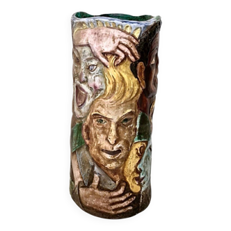 Unique Vintage Hand-Painted Vase with Faces Ascribable to Tullio d'Albisola