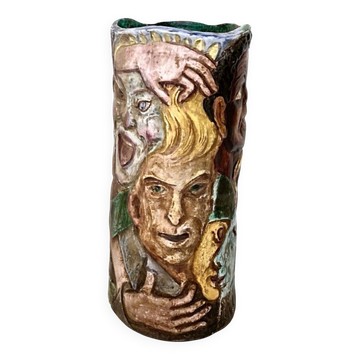 Unique Vintage Hand-Painted Vase with Faces Ascribable to Tullio d'Albisola