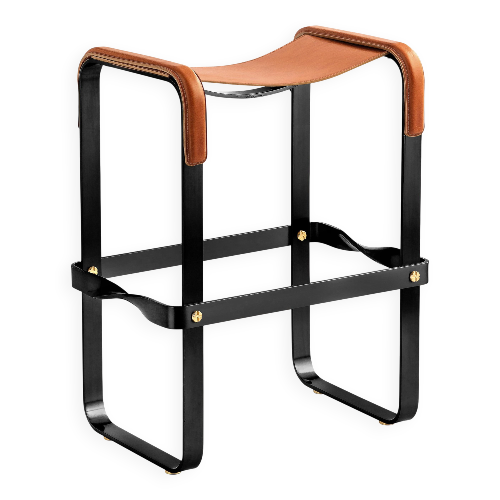 Contemporary Kitchen Bar Stool in Black Metal and Natural Tobacco Leather