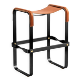 Tabouret de Bar de Cuisine Contemporain en Métal Noir et Cuir Naturel Tabac