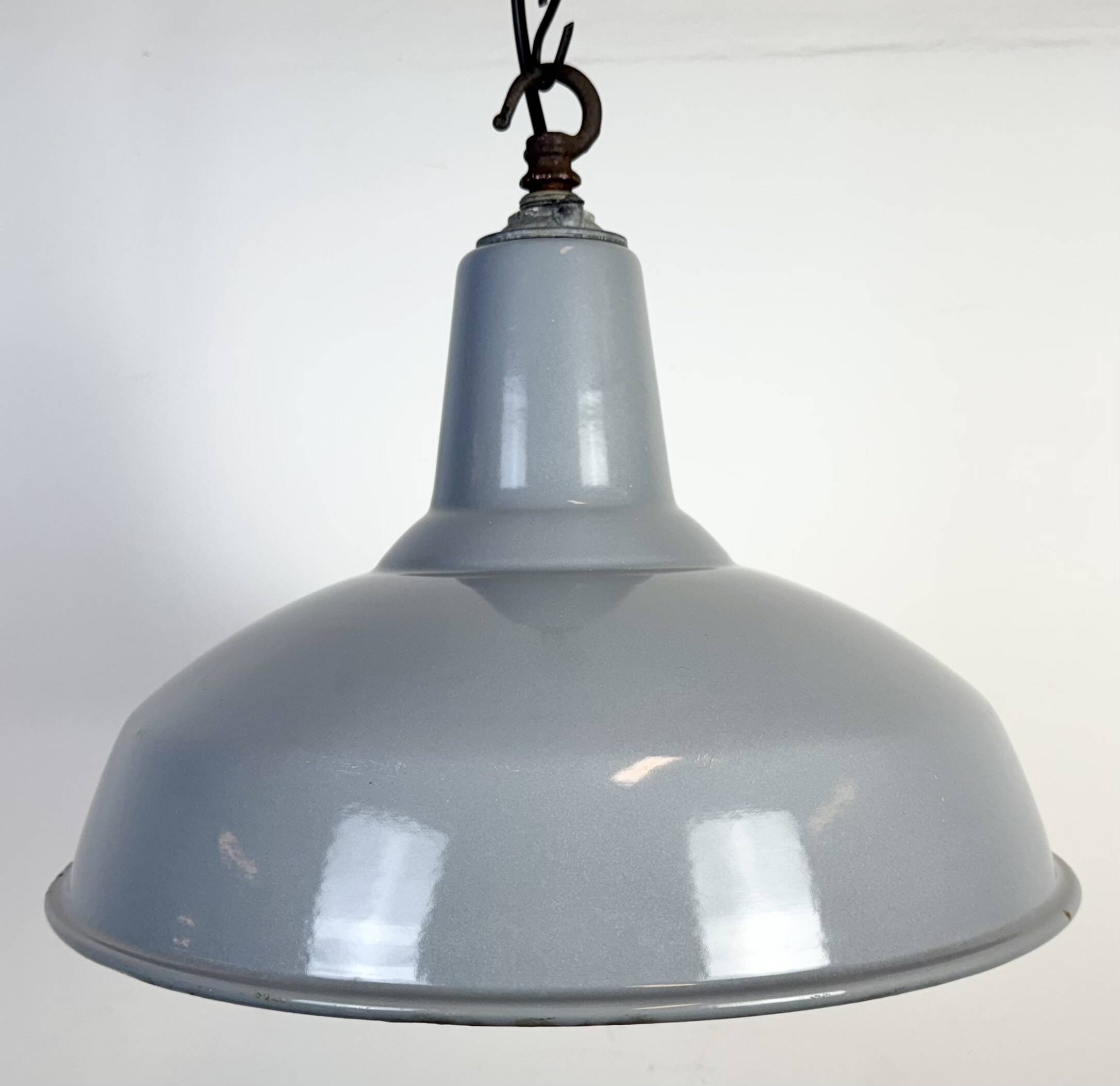 Industrial British Grey Enamel Factory Pendant Lamp, 1960s