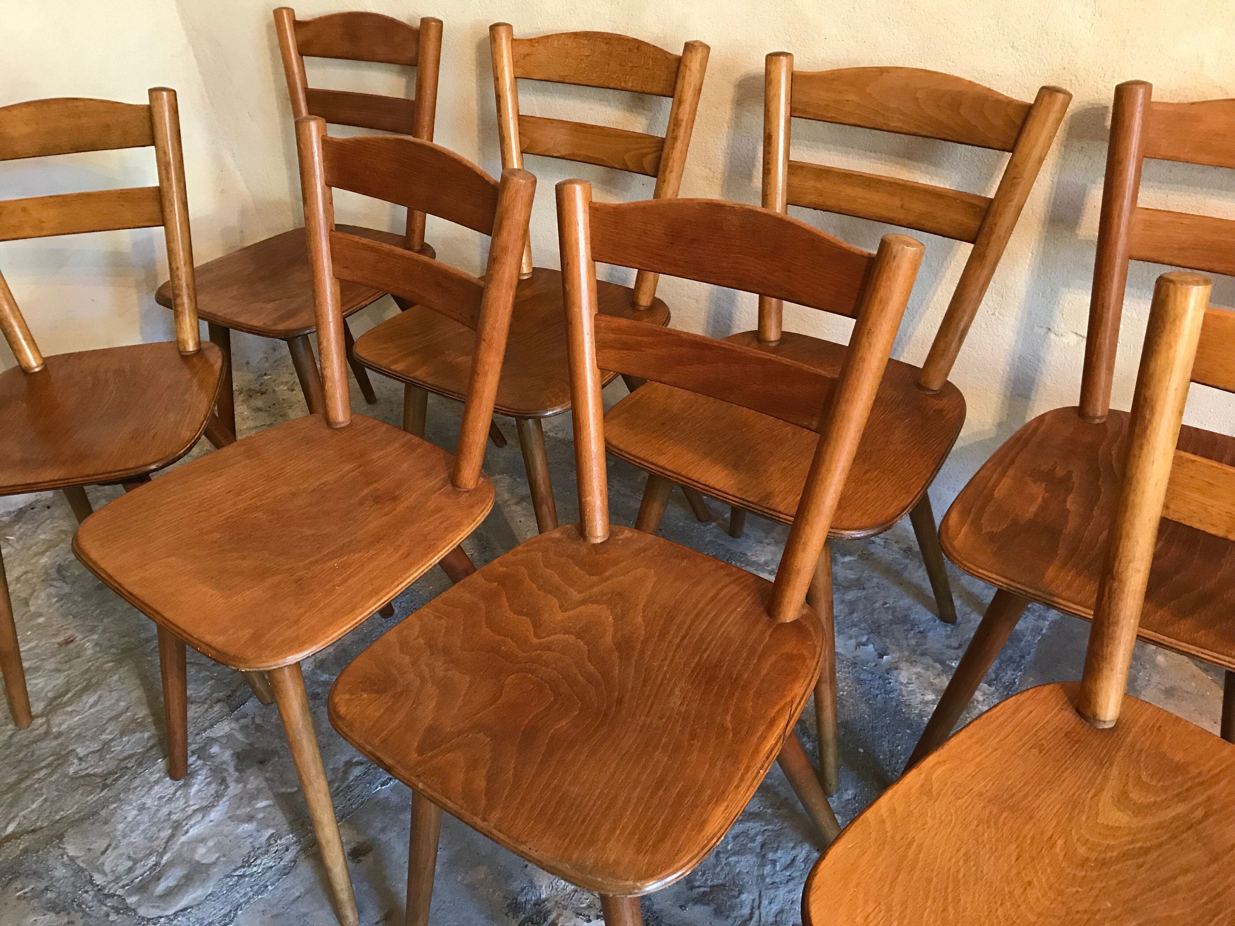 Set of 8 vintage beech chairs compass feet 1960's