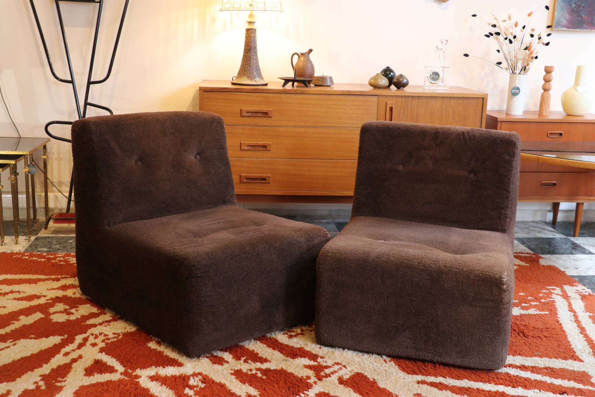 Pair of vintage brown fabric armchairs