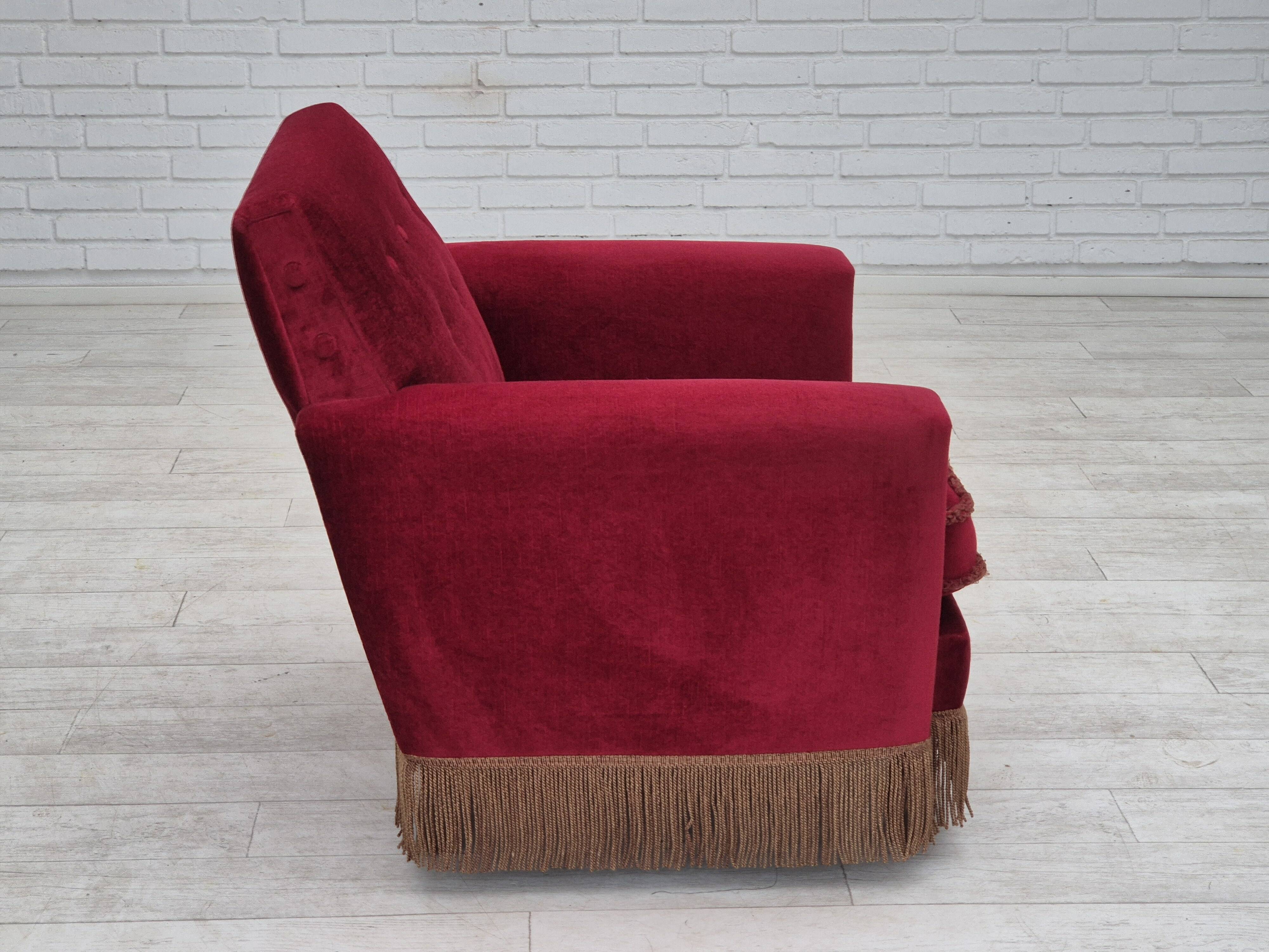 1970s, Danish lounge chair, original condition, cherry-red velour fabric.