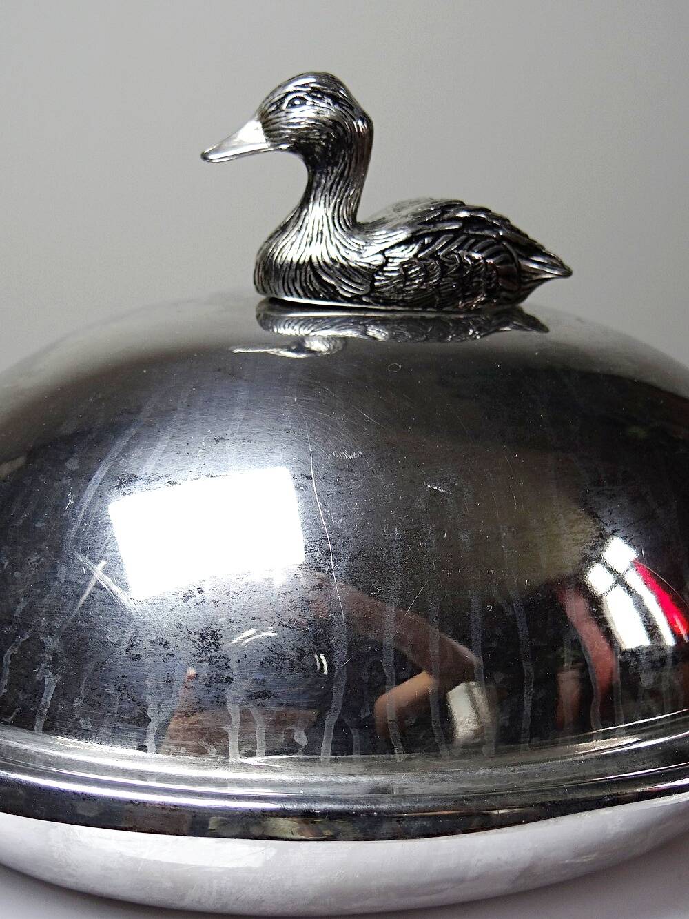 Vintage silver-plated foie gras bell duck handle from the 60s-80s.
