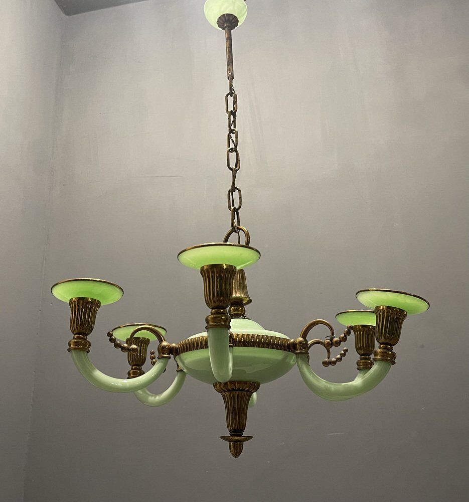 Art Deco Italian Green Opaline Glass Light Pendant