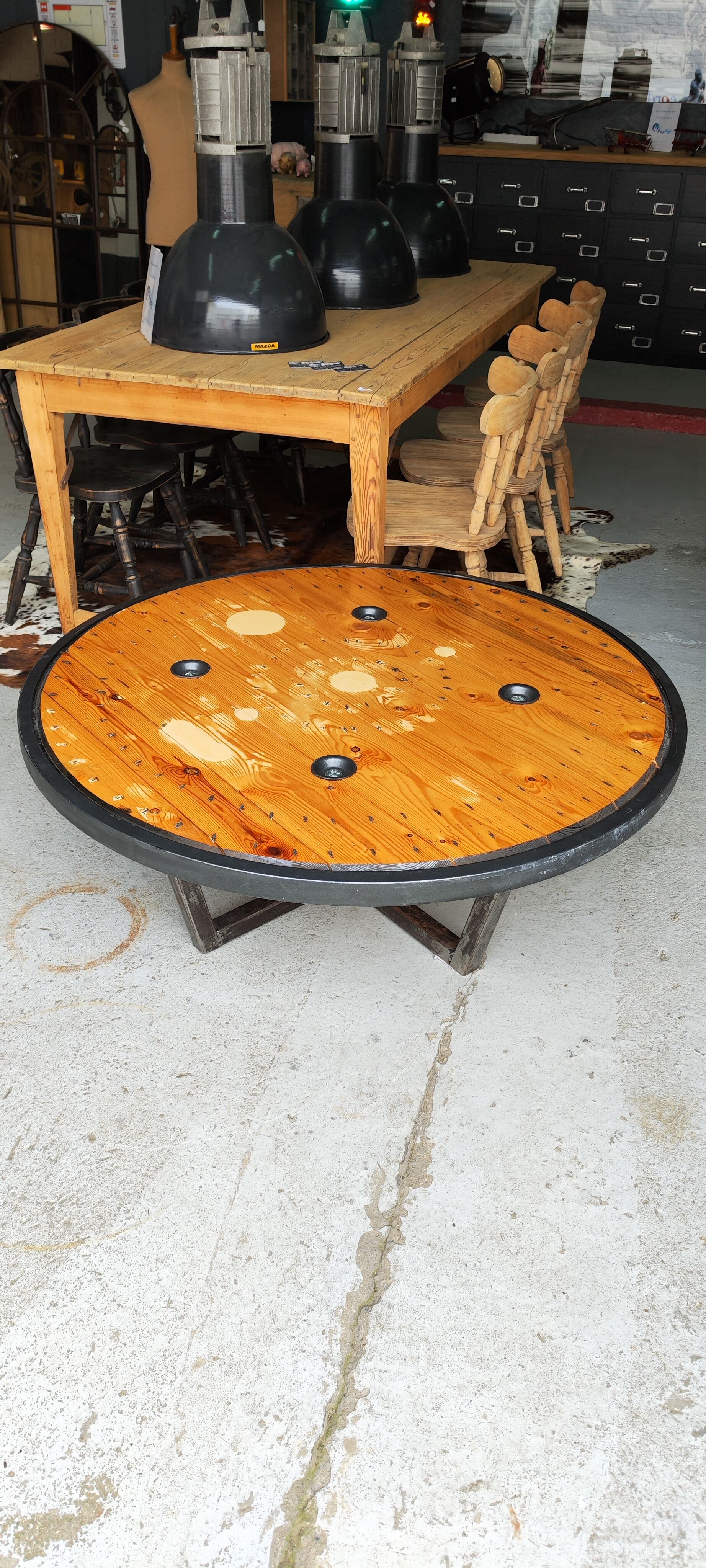 Large industrial coffee table metal and wood drum