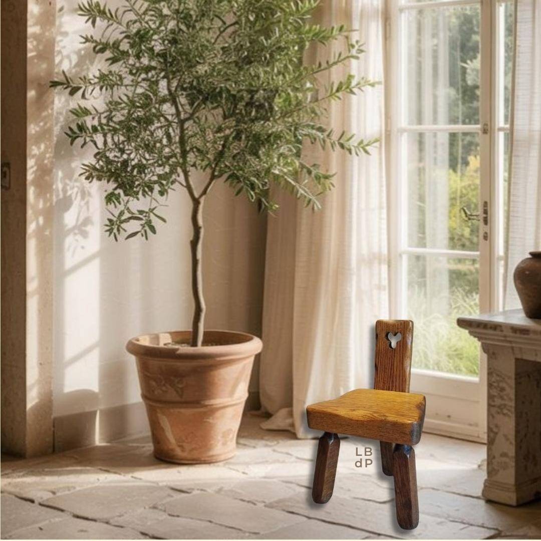 Tripod chair for children, Scandinavian brutalist chalet design.
