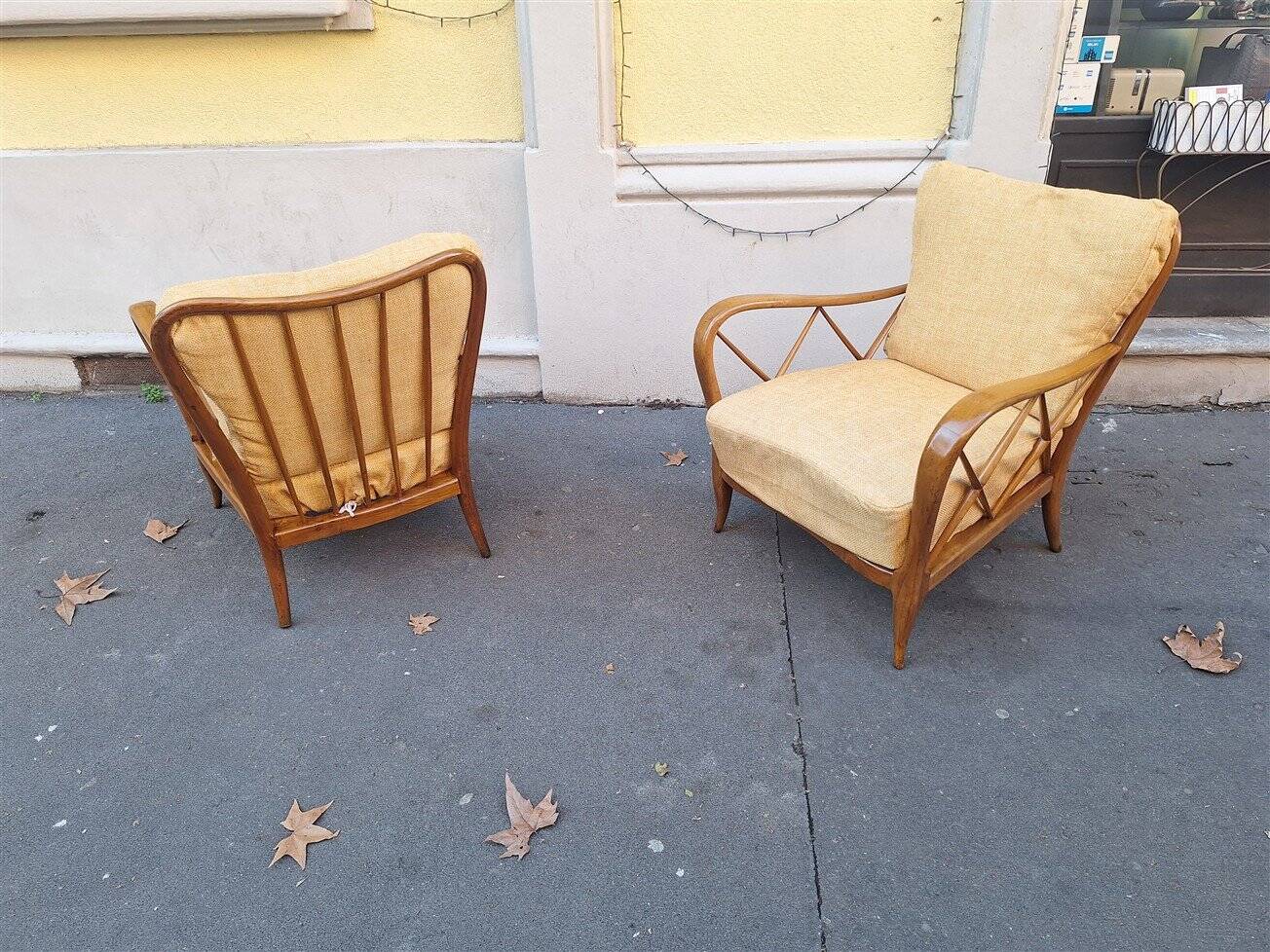 Armchairs in Wood and Yellow Fabric from Paolo Buffa, 1940s, Set of 2