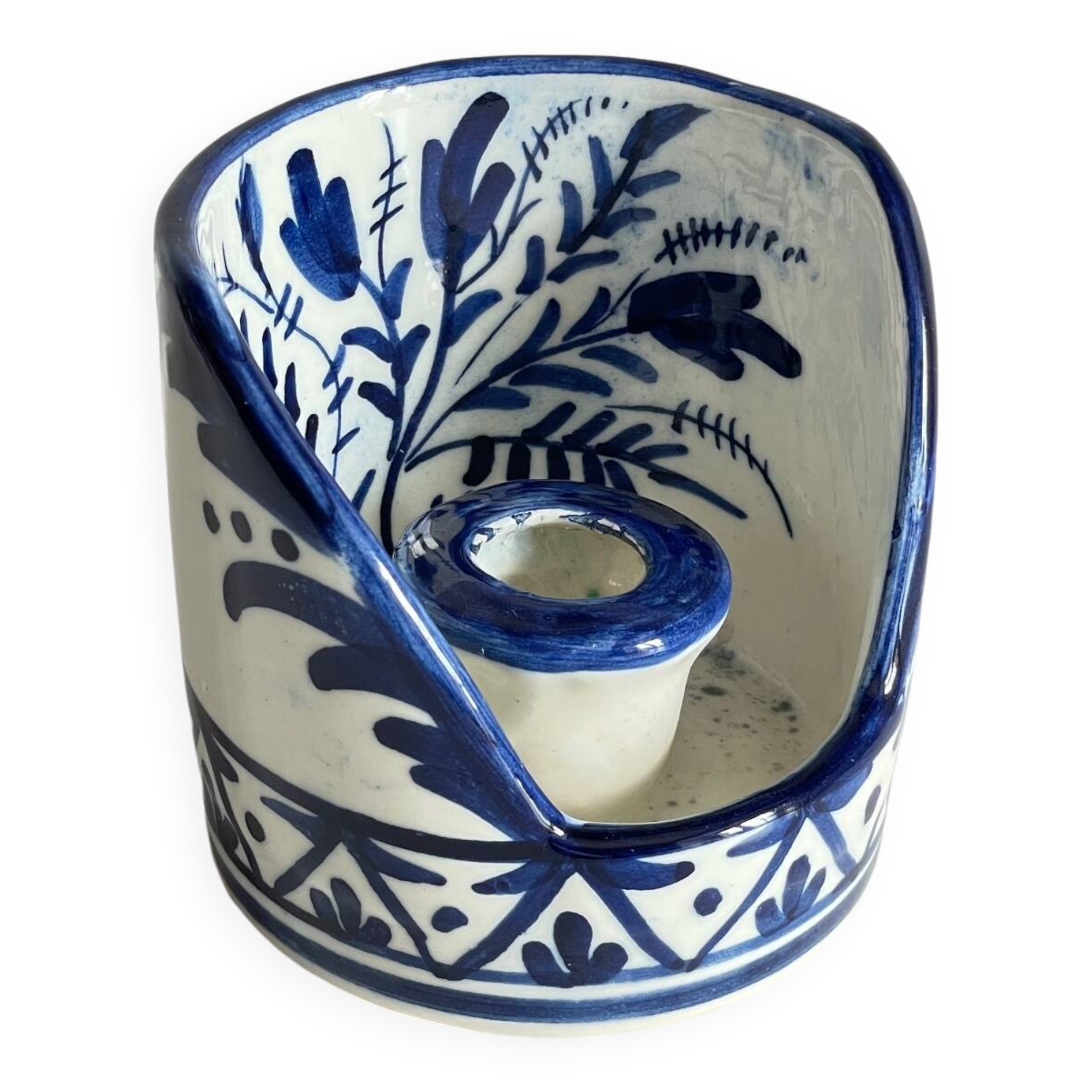 Blue ceramic hand candle holder vintage craft