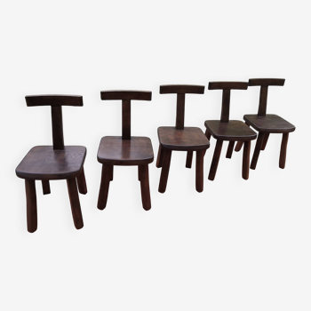 Suite de 5 Chaises en orme massif 1960 vintage