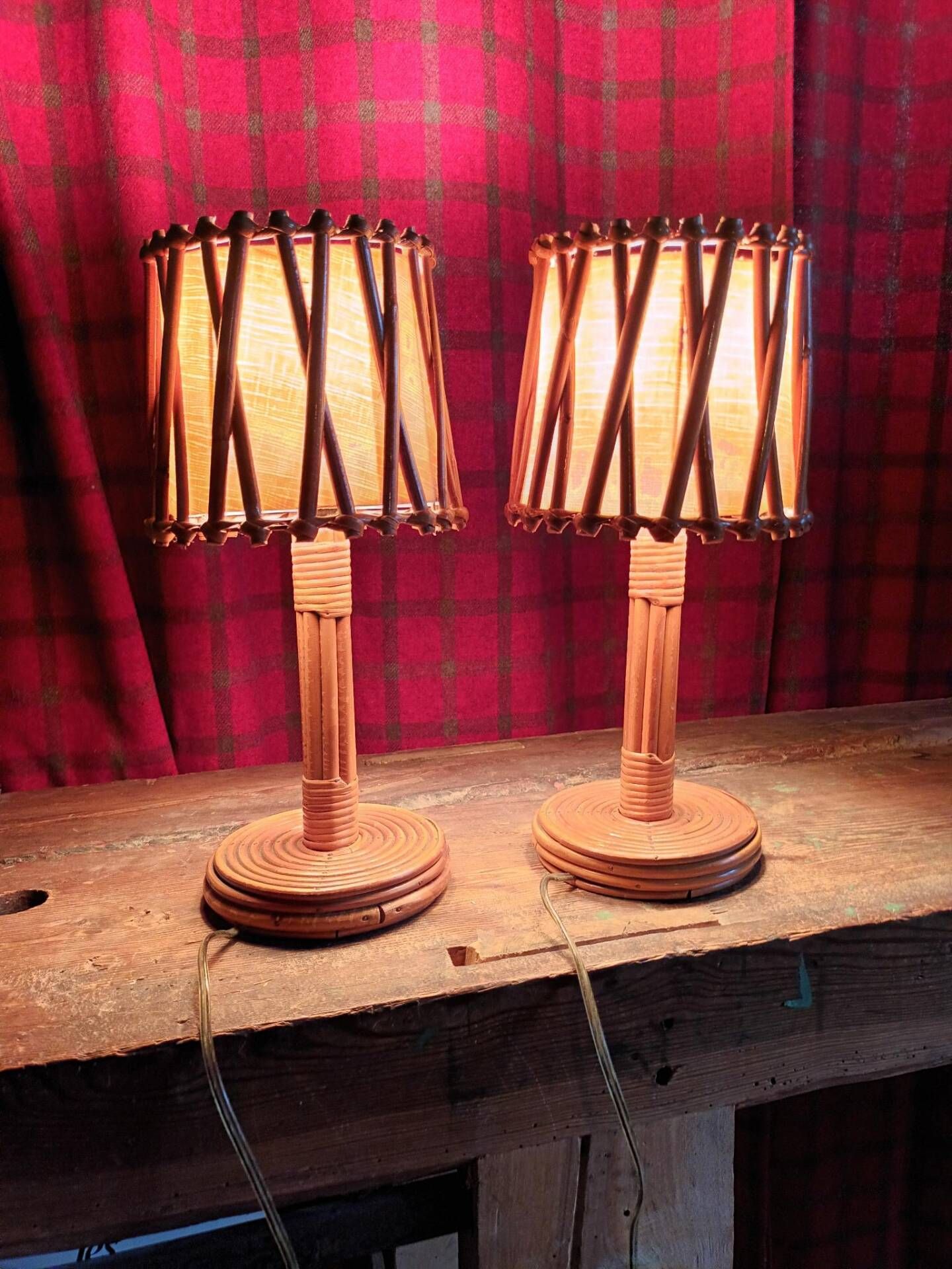Pair of vintage Louis Sognot lamps in rattan and bamboo from the 60s/70s.