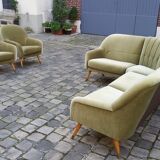 Ensemble de fauteuils Danois club organique années 50 Vert tendre glacé