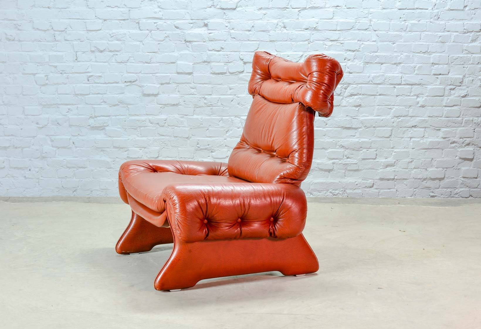 Brutalist Sculptured Brazilian Style Cognac Leather Lounge Chair, 1970s