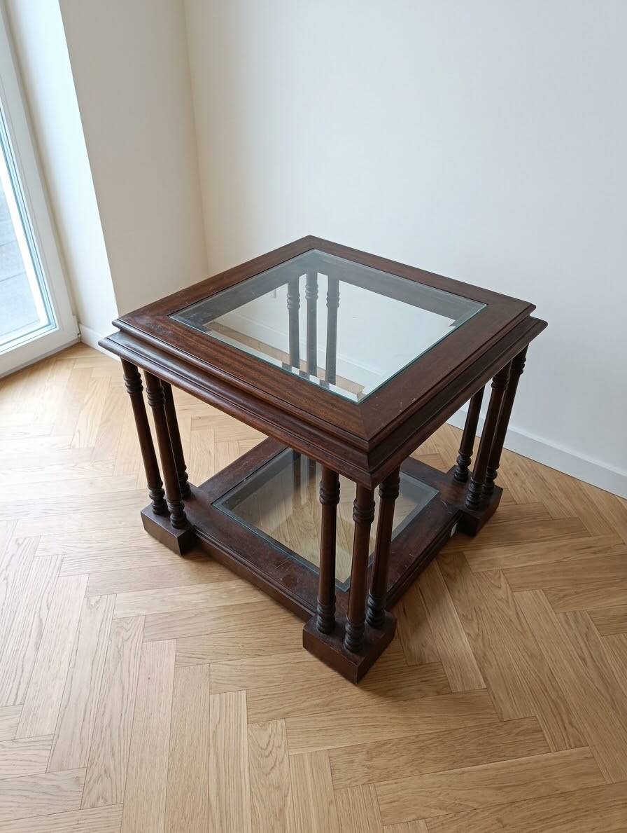 Wood and glass coffee table in Portuguese style.