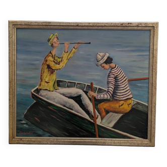 Painting Oil on canvas Claude Tabet "Canoeing"