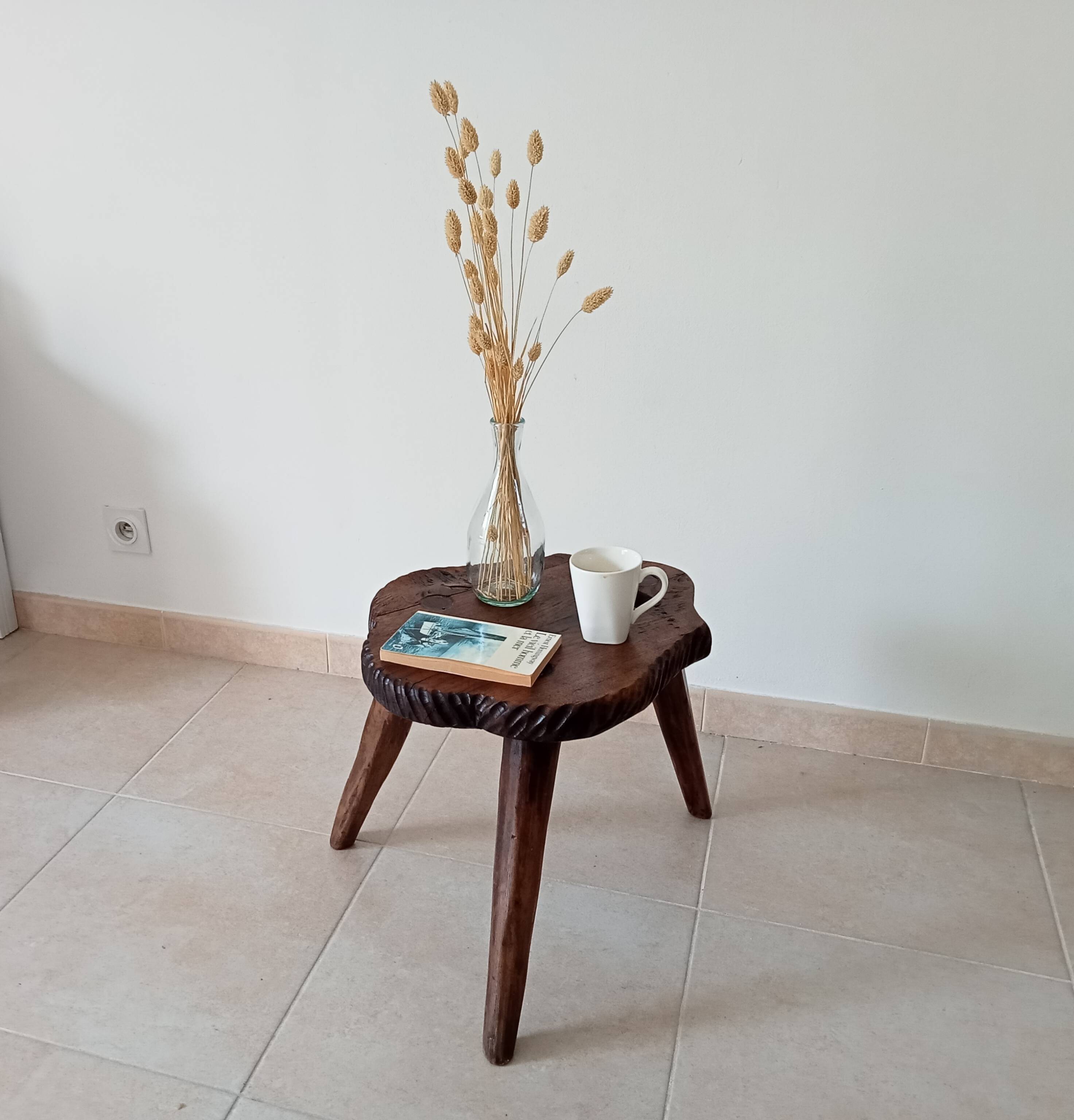Brutalist tripod chair in carved wood 19th century