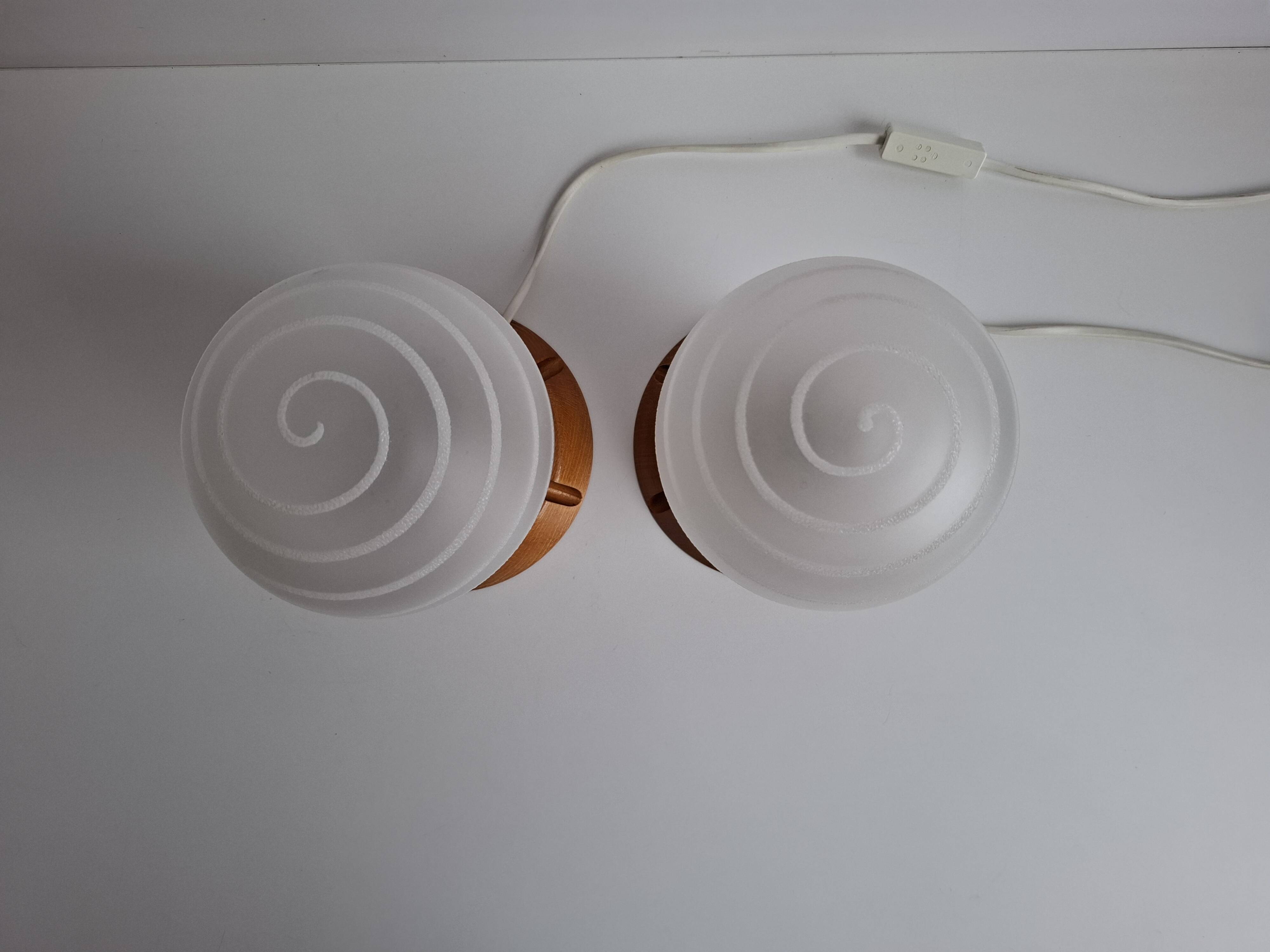 Pair of Mid-Century Czech Wood and Frosted Glass Table Lamps, 1990