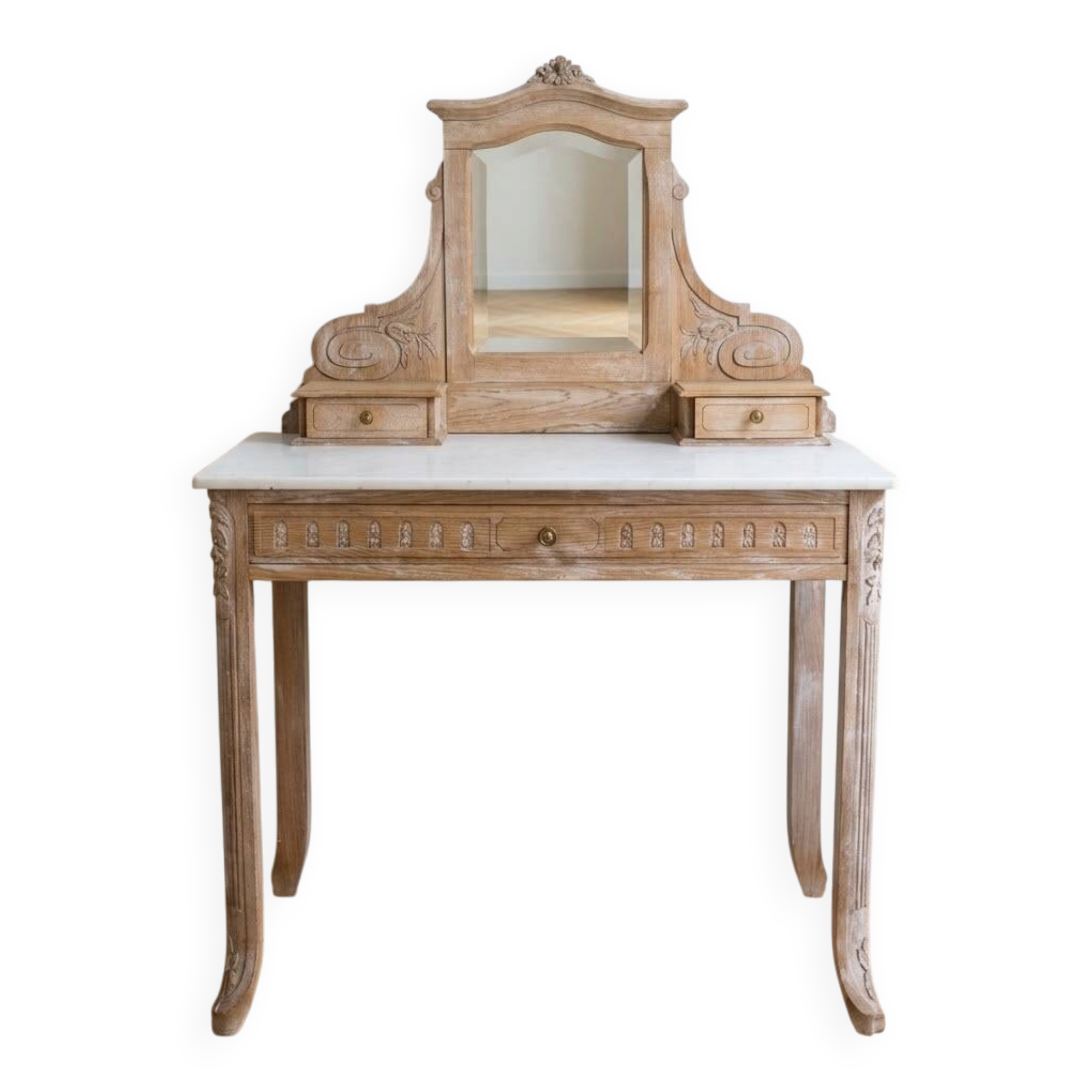 Coiffeuse ancienne en bois et marbre blanc avec miroir