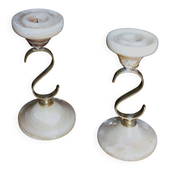 Pair of curved brass and onyx candle holders.