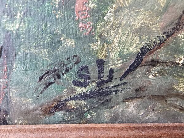 Tableau Huile sur Isorel - Chevaux Signé SL (Signature a identifier)