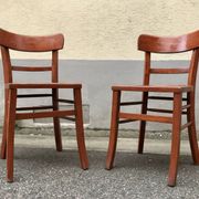 Pair of wooden bistro chairs with orange patina, 1950s
