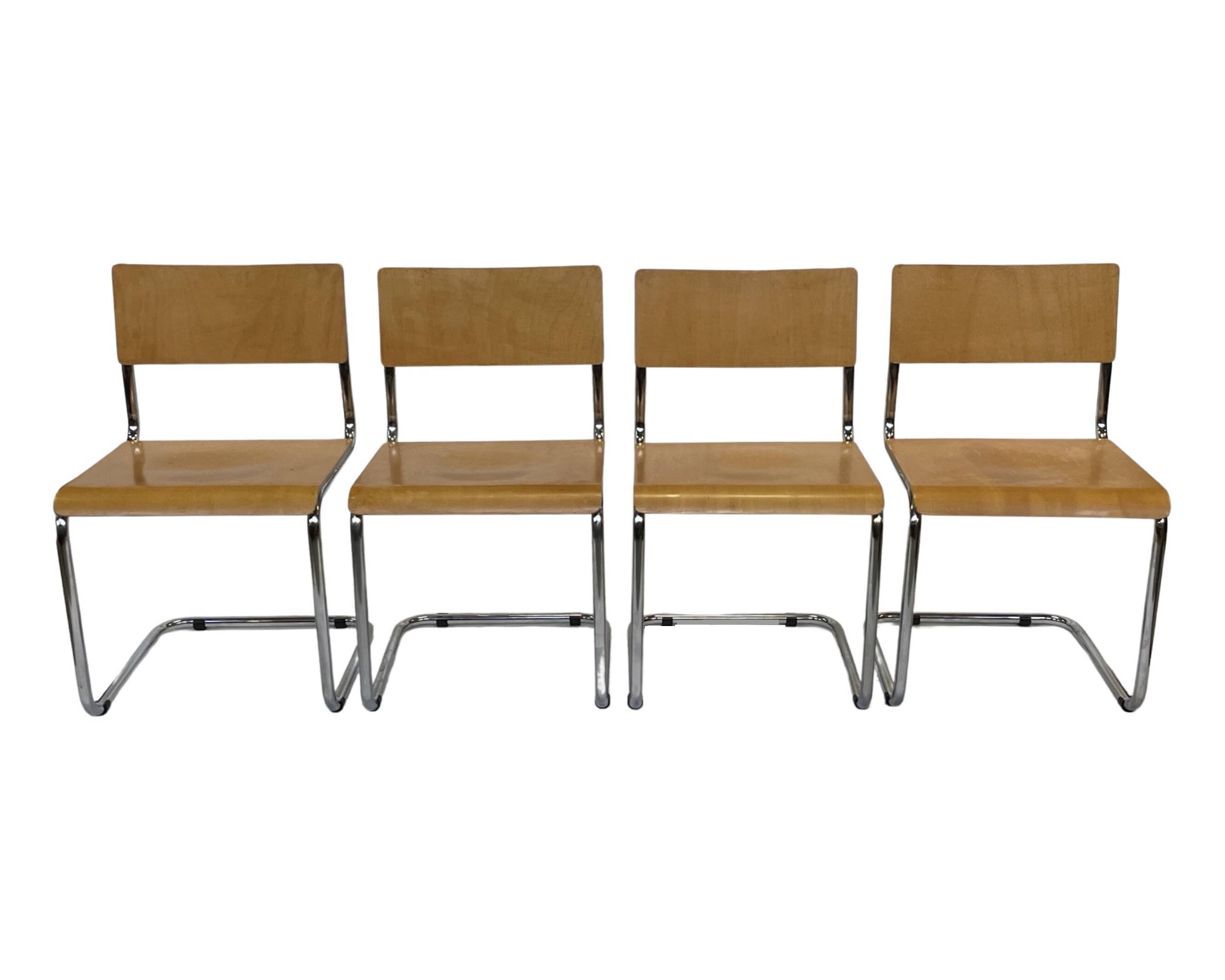Set of four vintage dining room chairs, wood and chrome,  1970s