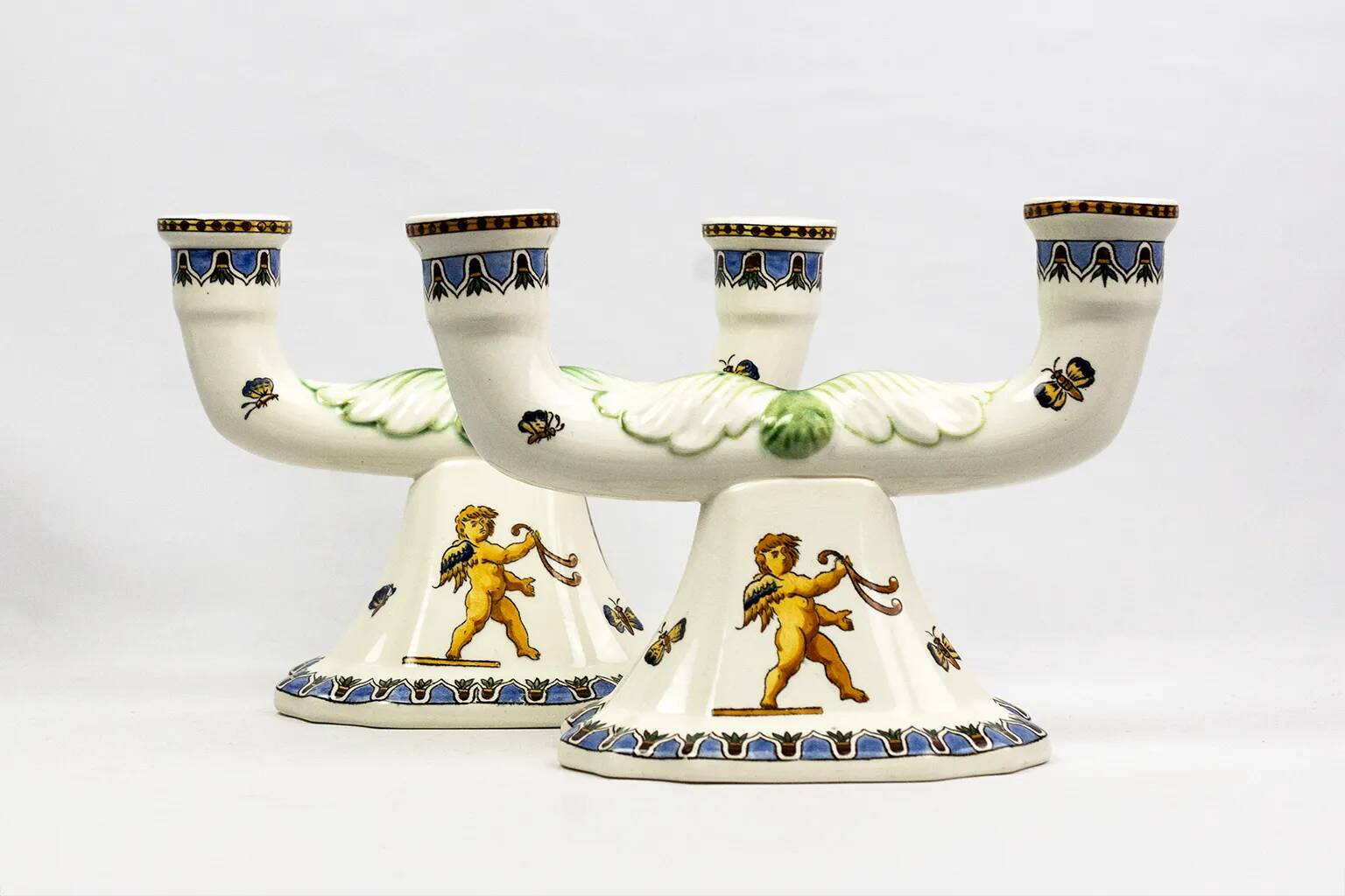 Pair of Renaissance candlesticks in earthenware – Gien pottery, 1970s