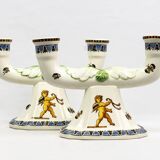 Pair of Renaissance candlesticks in earthenware – Gien pottery, 1970s