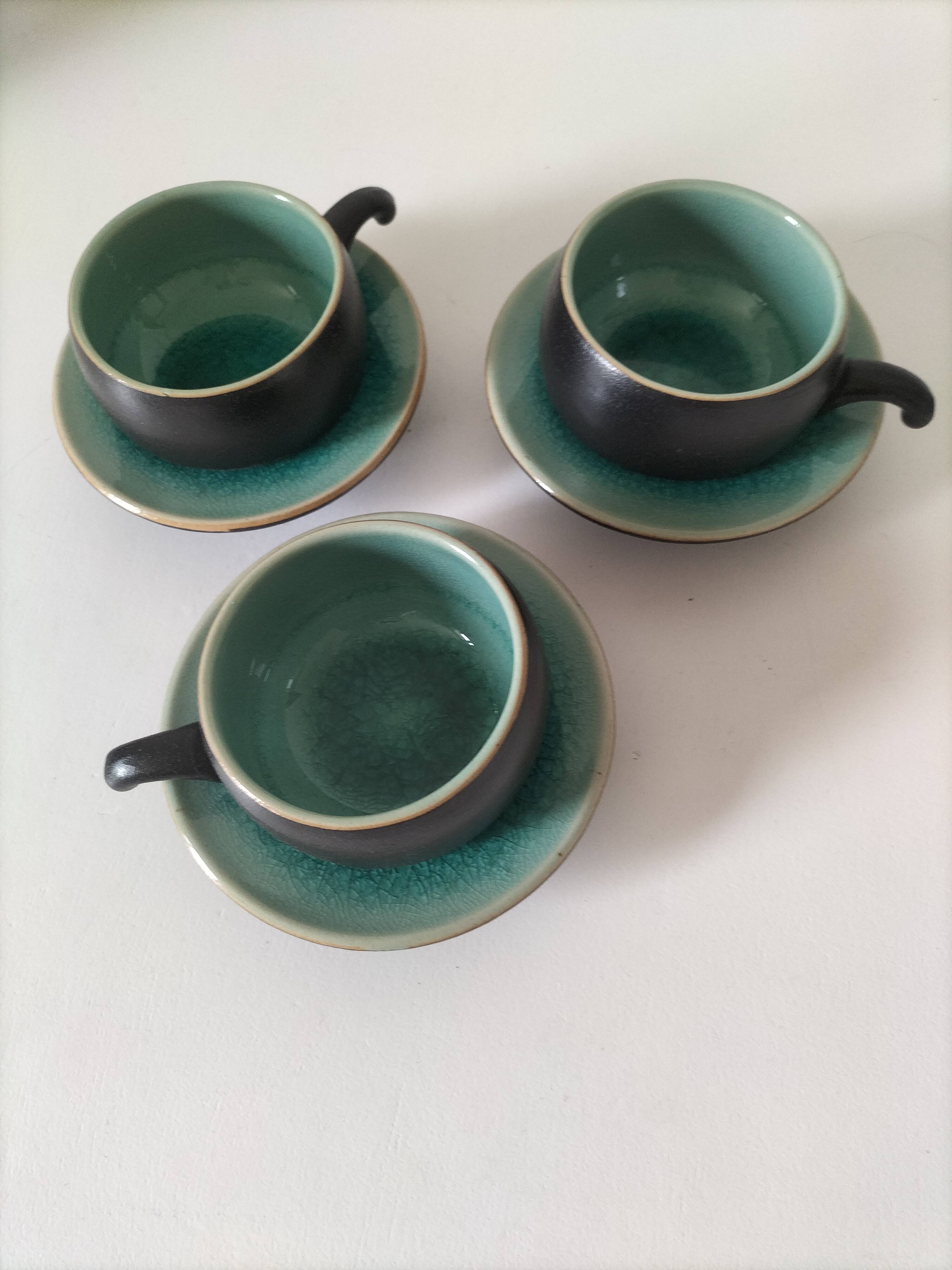 Set of three ceramic cups and saucers – crackled turquoise glaze