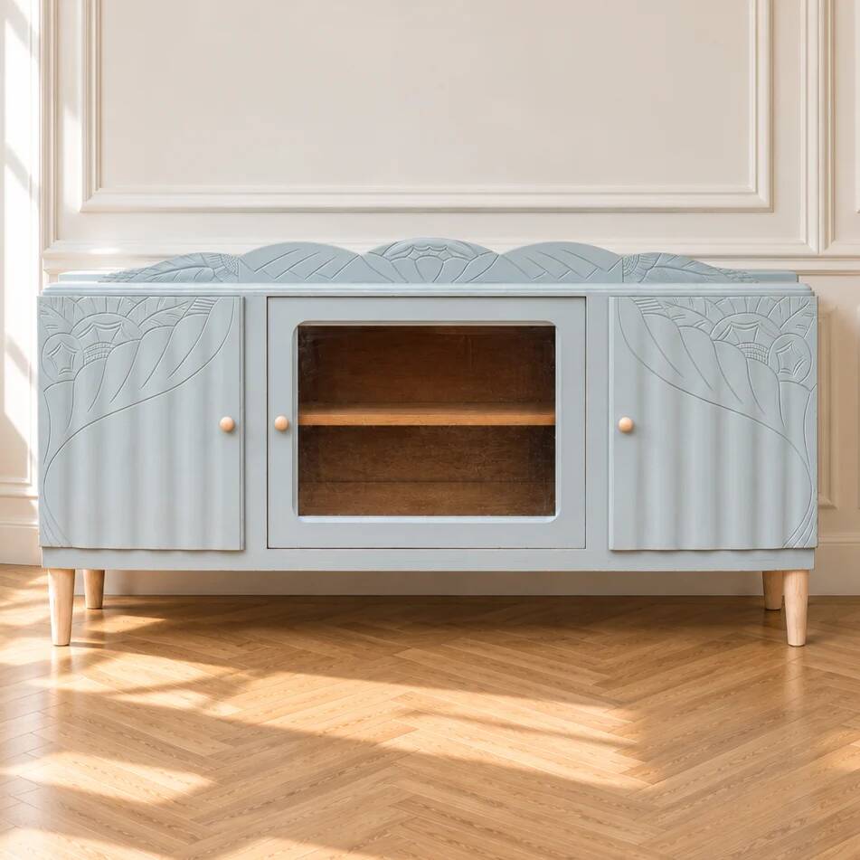 Art Deco sideboard renovated in blue-grey – Bevelled glass and wooden legs – 132.5 cm