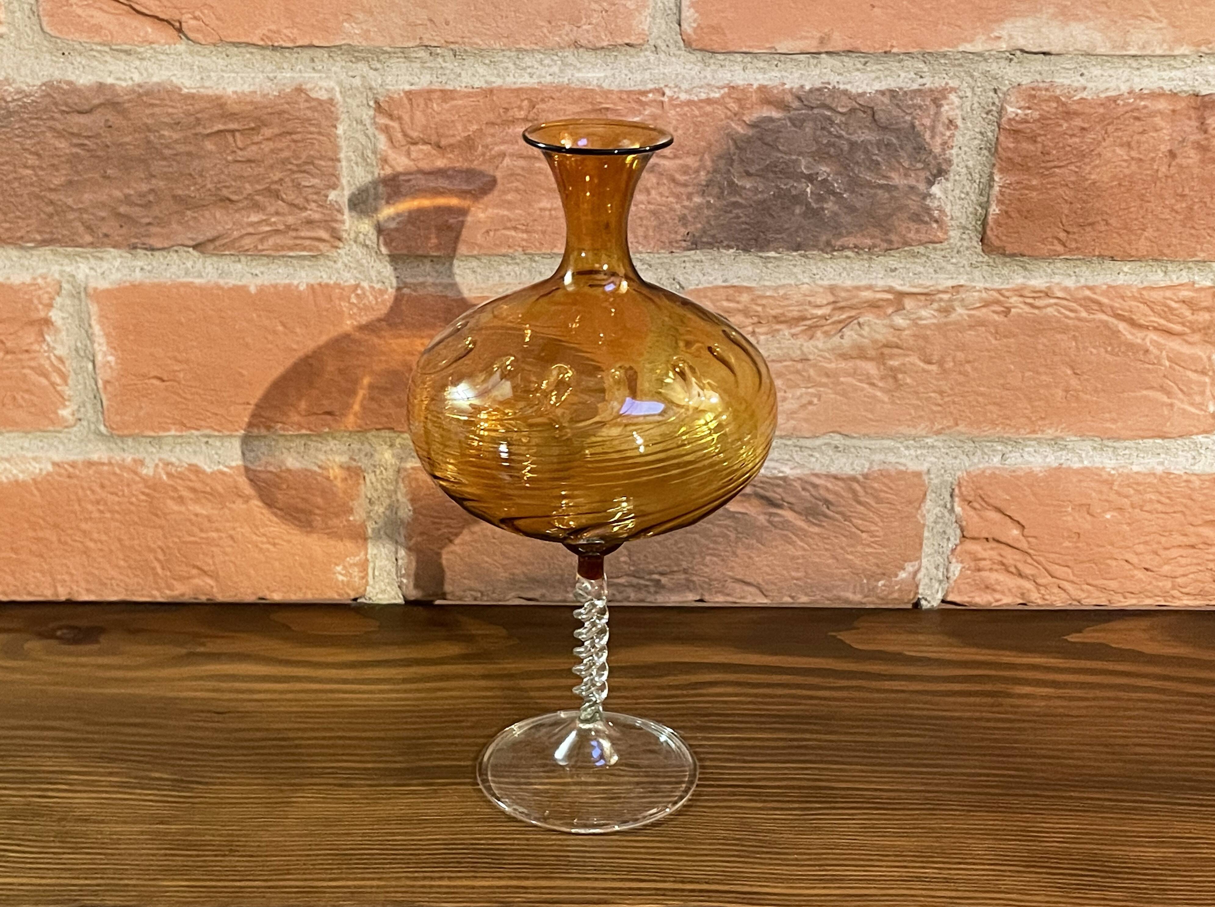 East German GDR Mouth-Blown Amber Art Glass Vase with Swirled Ribbing Texture, Possibly by Lauscha