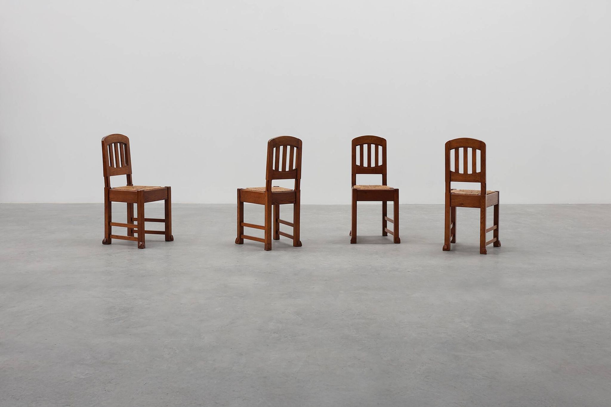 Set of 4 Early Art Deco Oak & Wicker Dining Chairs, Belgium, 1915