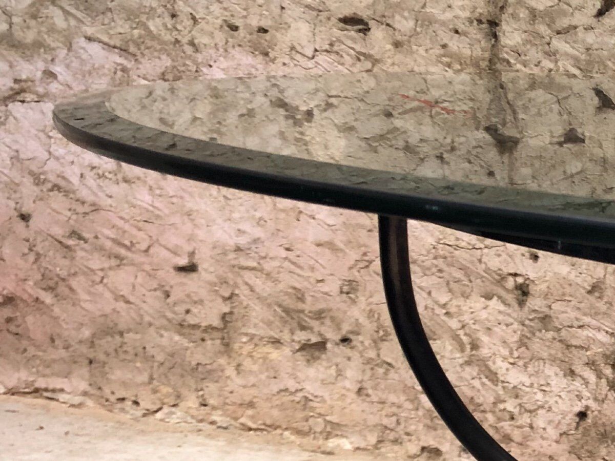 Dining room table base wrought iron and brass, glass top., 1980s