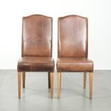 Set of 2 characterful dining chairs of sheepskin leather with a high back