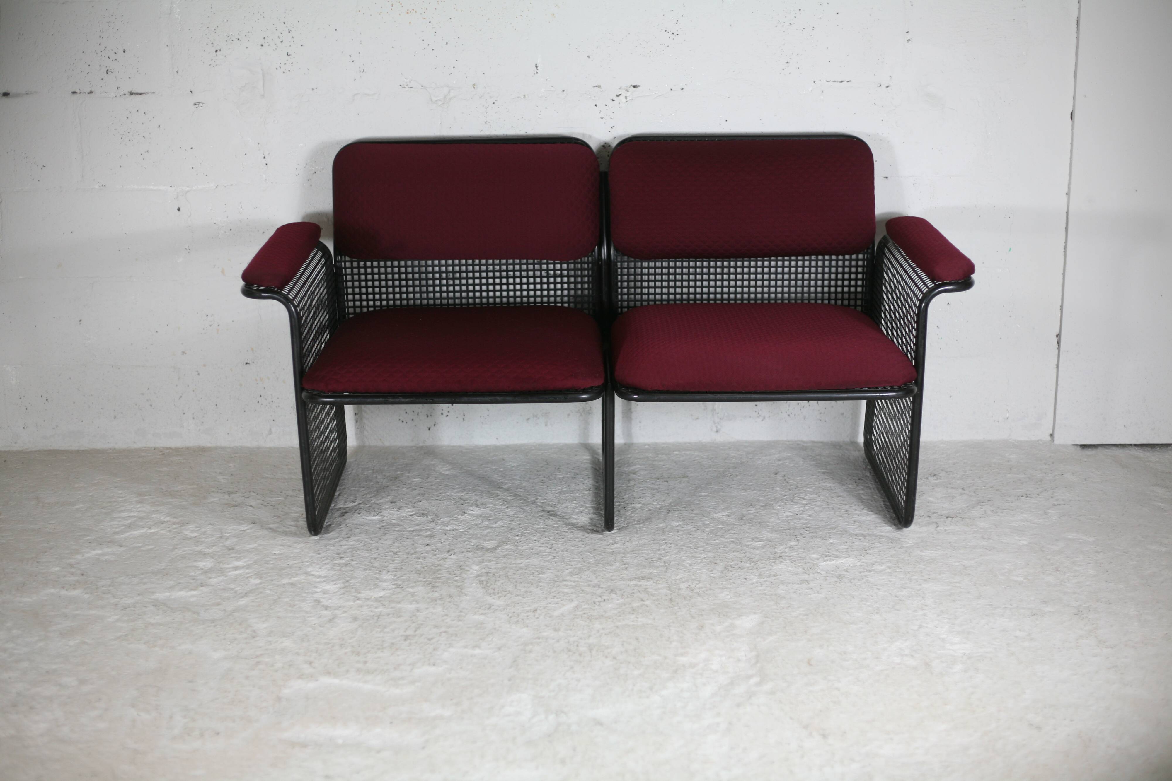 Black honeycomb steel sofa, burgundy fabrics, Italy, circa 1970