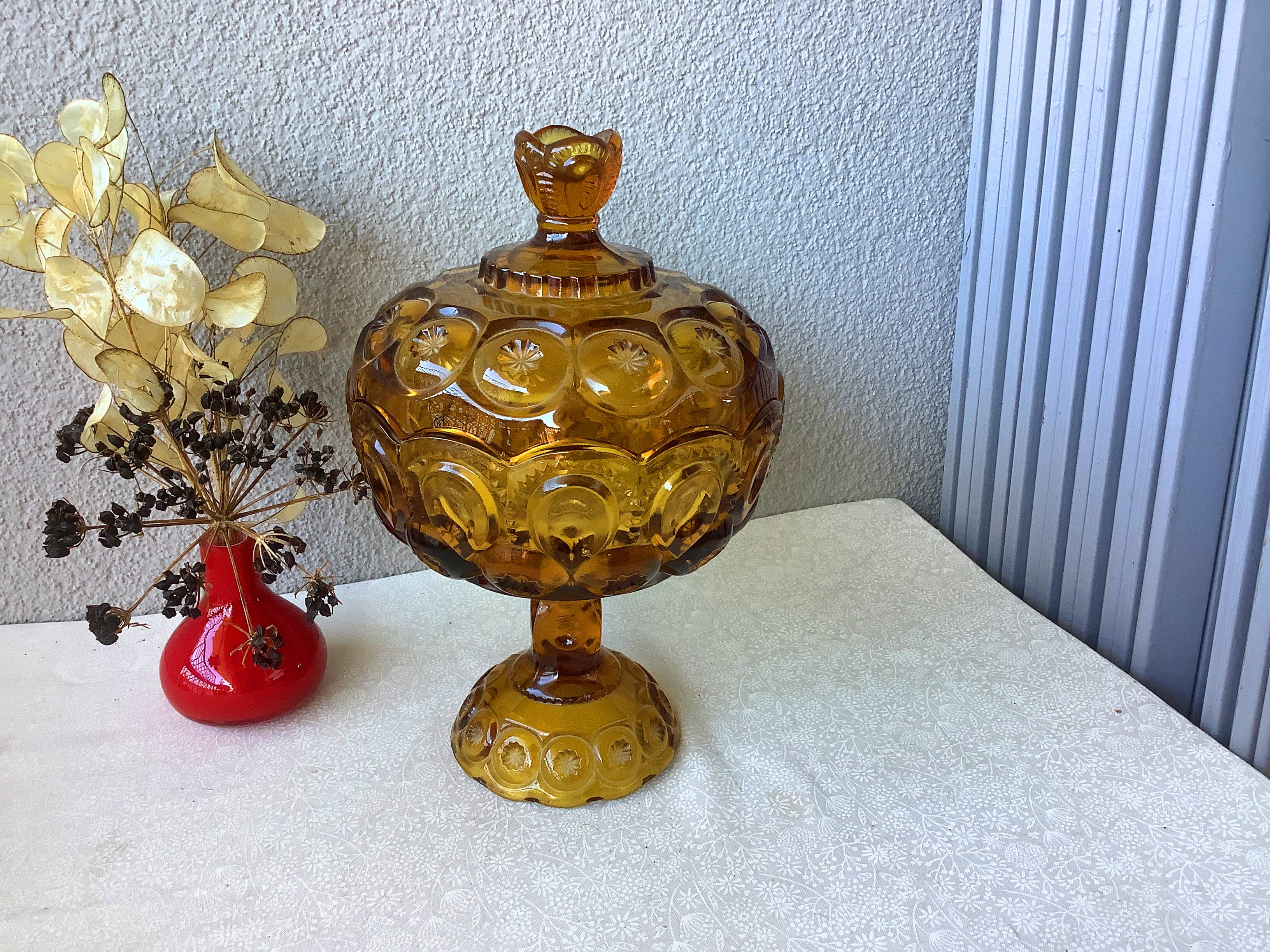 Bonbonnière à compote en verre moulé ambré l.e. moon & stars, piédestal